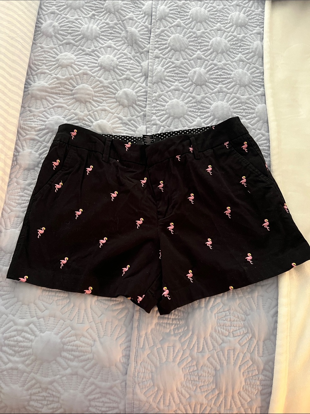 Jones New York Black Jean Shorts with Pink Flamingo Embroidery